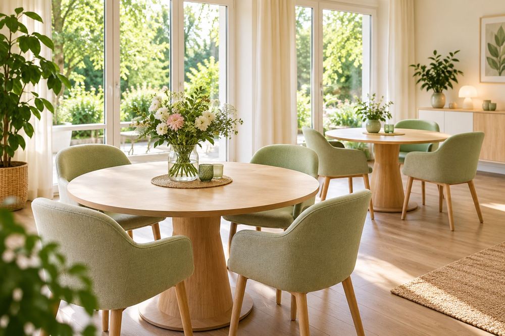 Ein heller Gemeinschaftsraum mit zwei runden Holztischen, grünen Sesseln und Blumen vor großen Fenstern.