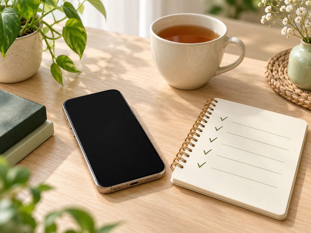 Ein Smartphone neben einem Notizblock mit Häkchen und einer Tasse Tee auf einem hellen Holztisch.
